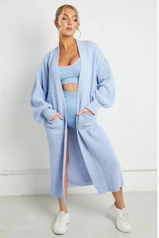Womens sweater autumnwinter Vneck long sleeved solid color knitted pocket cardigan coat oversized womens clothing 240905