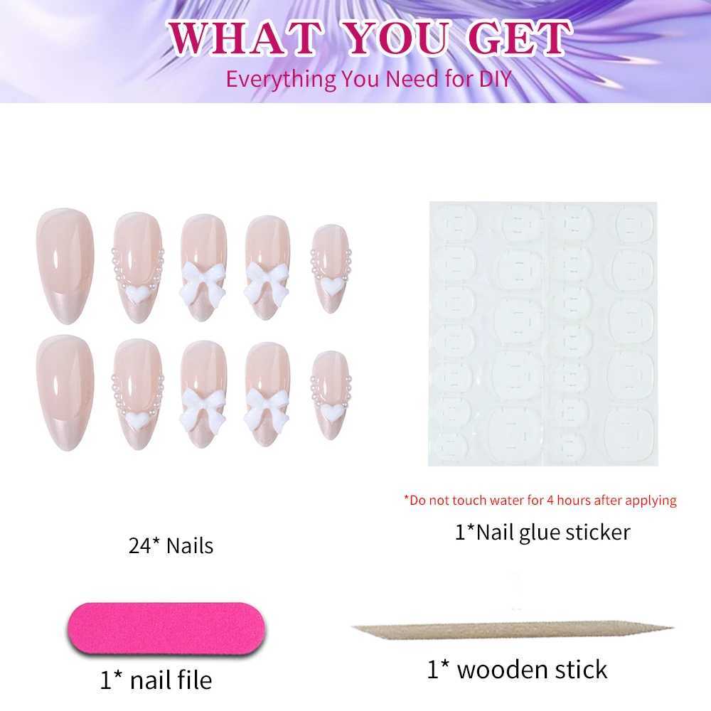 24 pieces of medium to short fake nails pink diamond nails 3D white bow pearl love design Y2K nail press suitable for women W240905