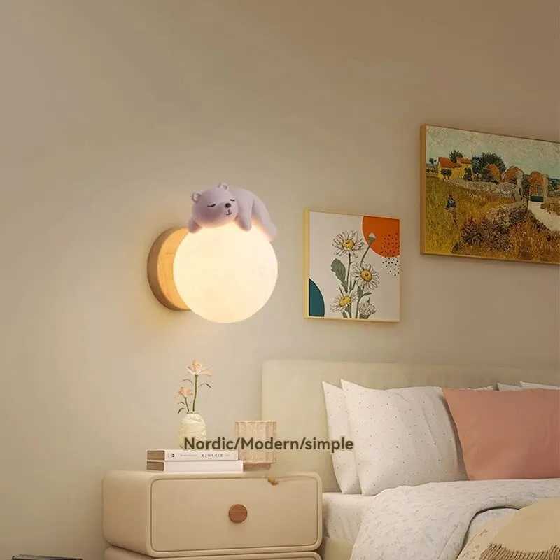 Bedroom Wall Light Modern Creative Sleep Bear Moon Bedroom Environment Night Light Boys and Girls Room Wall Light W240816