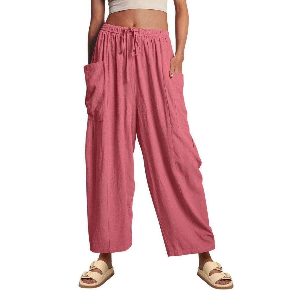 2024 TEMU Women's Elastic Pleated High Waist Wide Leg Loose Casual Cotton Hemp Pants
