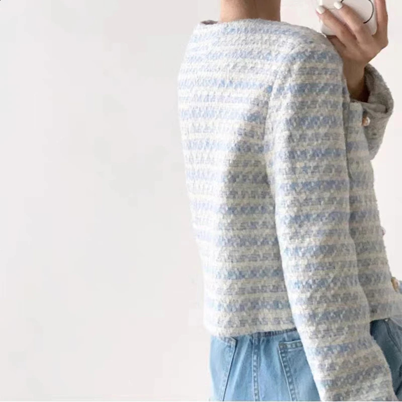 Womens loose office pocket short sleeved jacket single chest thick tweed open top coat autumn thick casual long sleeved jacket 240906