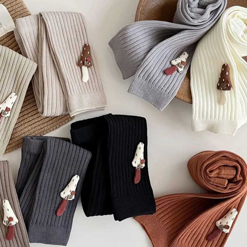 Autumn Baby Girls Leggings Ribbed Pants Cotton Solid Toddler Kid Leggings With Mushroom Decor Casual Pants Kids Outfits Trousers Y240906
