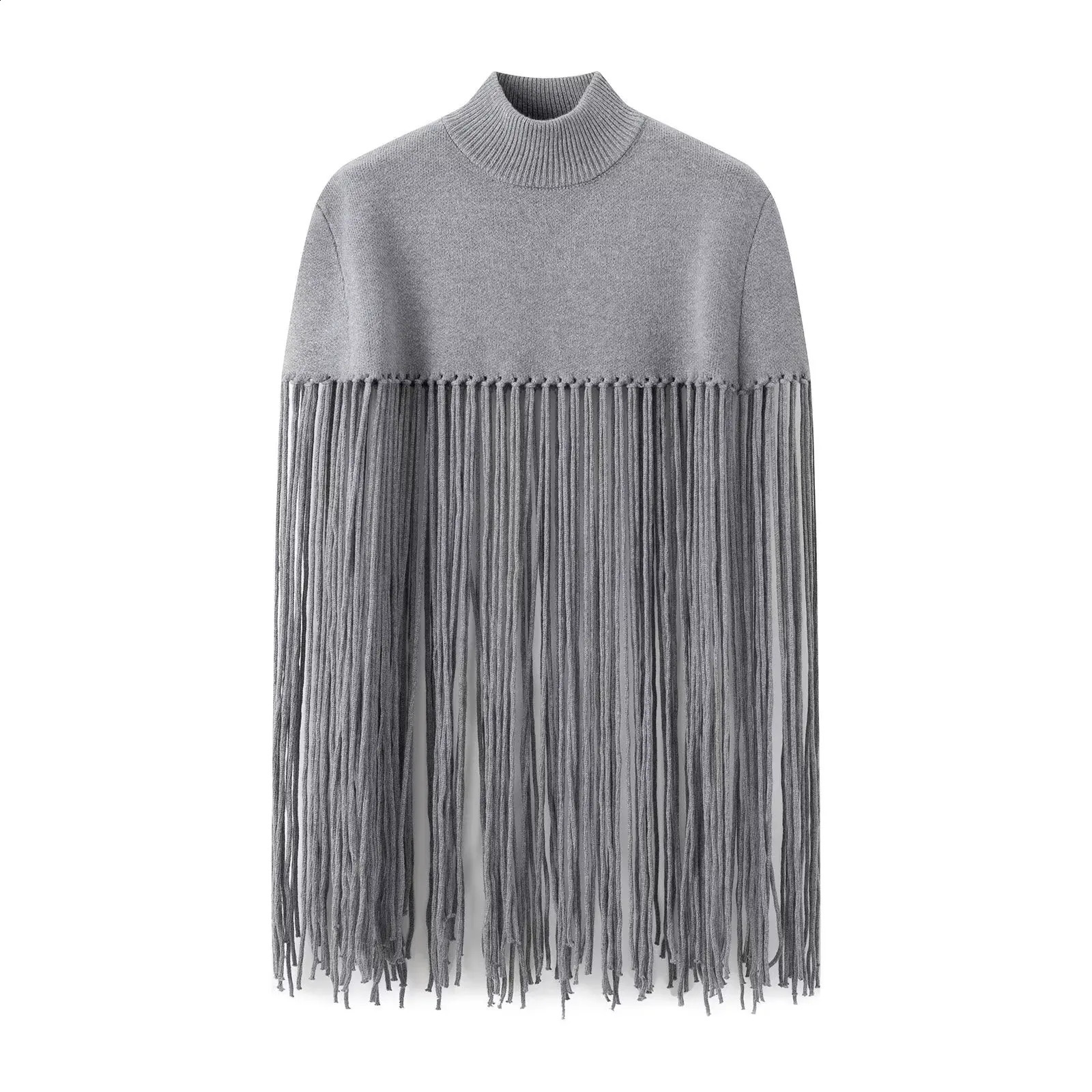 Spring and Autumn Grey Knitted Long tassel cardigan Womens High Collar Loose Ruffle Shawl Knitted Oversized Jumper 240904