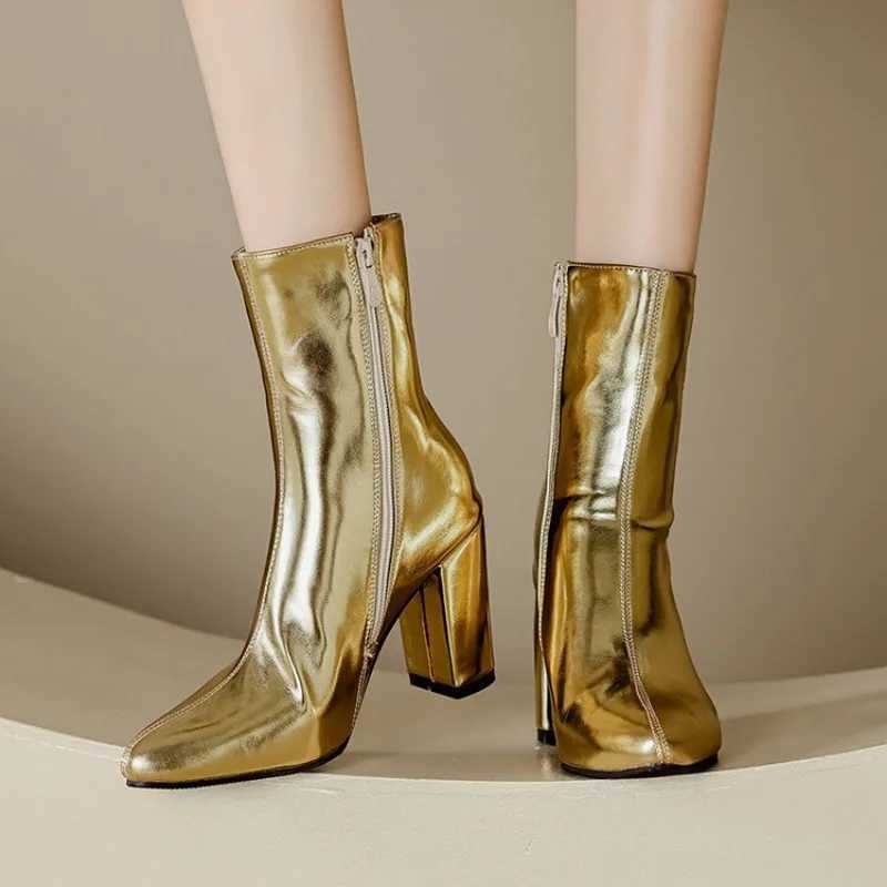 Autumn and Winter New Fashion High Heels Womens Boots Gold Silver Sexy Party Square High Heels Womens Boots Size 34-46 CL240906