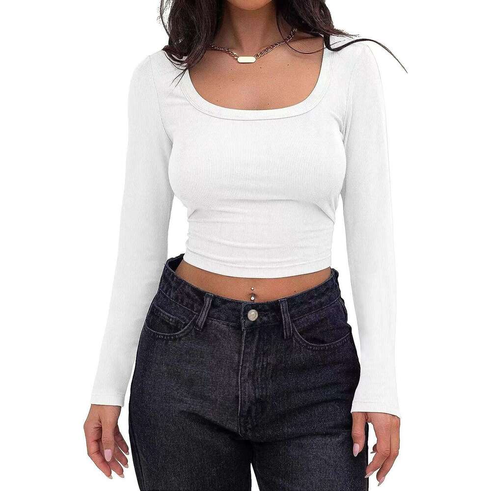 2024 New Thread Pit Strip Slim Fit Short Long sleeved Square Neck T-shirt for Women