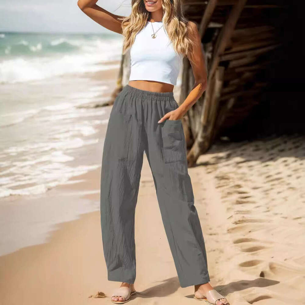 2024 Women's Cotton and Hemp Casual Vacation Style Elastic Waist Banana Pants Work Bag