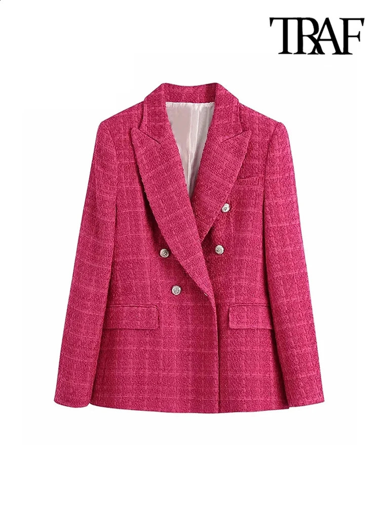 TRAF Women Fashion Double Breasted Tweed Green Blazer Coat Vintage Long Sleeve Flap Pockets Female Outerwear Chic Veste 240904