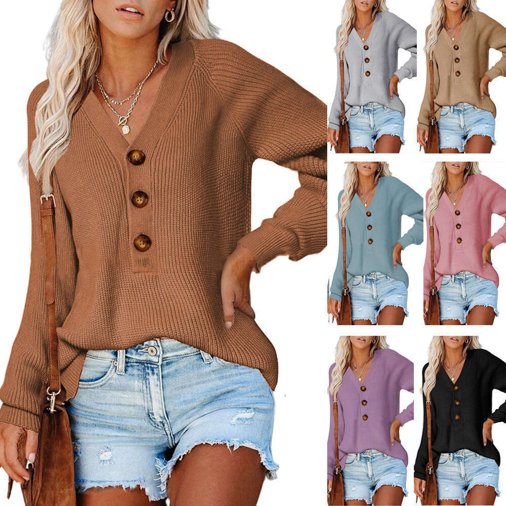 2024 autumn and winter button new knitted V-neck sweater for women