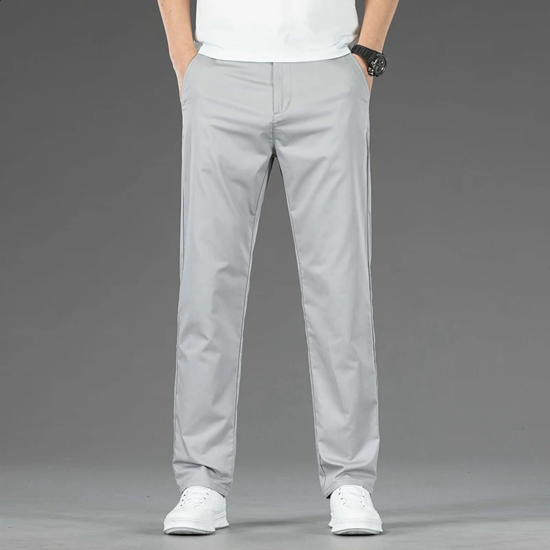 Spring and summer mens casual pants thin mulberry silk soft business slim fit straight elastic set 240905