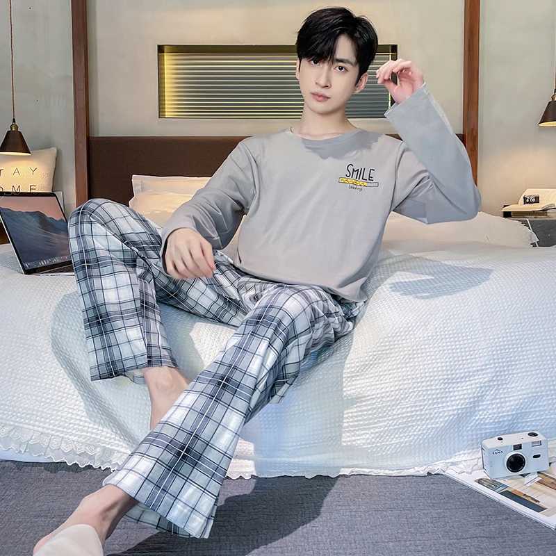 Plaid Men Pajamas Set Casual Male Sleepwear Autumn Winter Long Sleeves Long Pants Soft Pyajmas Boys Pijamas Blue Cozy Cotton Pjs Y240906