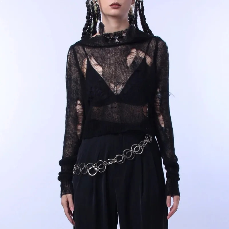 Karrcat Grunge Aesthetics Distressed Pullover Cyber Y2k Knitted Jumper Wilderness Punk Style Vacant Sweater Hole Broken Gothic 240904