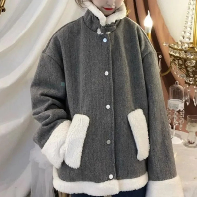 Wool jacket pocket button womens fashion lapel loose long sleeved wool autumn and winter 240905