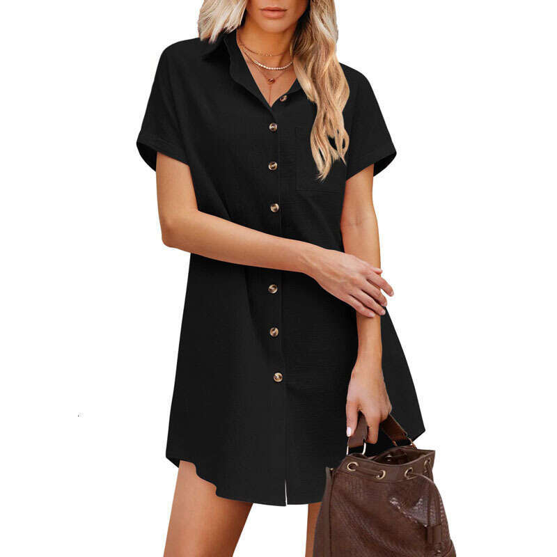 2024 Women's long button shirt, short sleeved linen skirt, summer beach cover up shirt