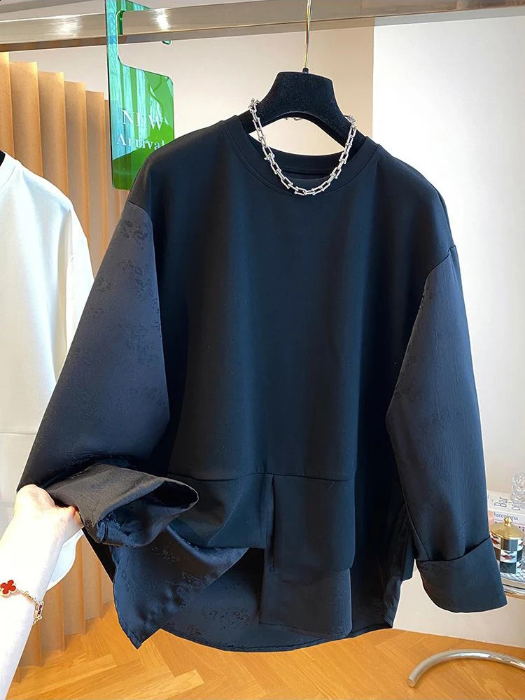 Autumn round neck Tshirt womens n sense niche long sleeved top unique splicing twopiece 240902