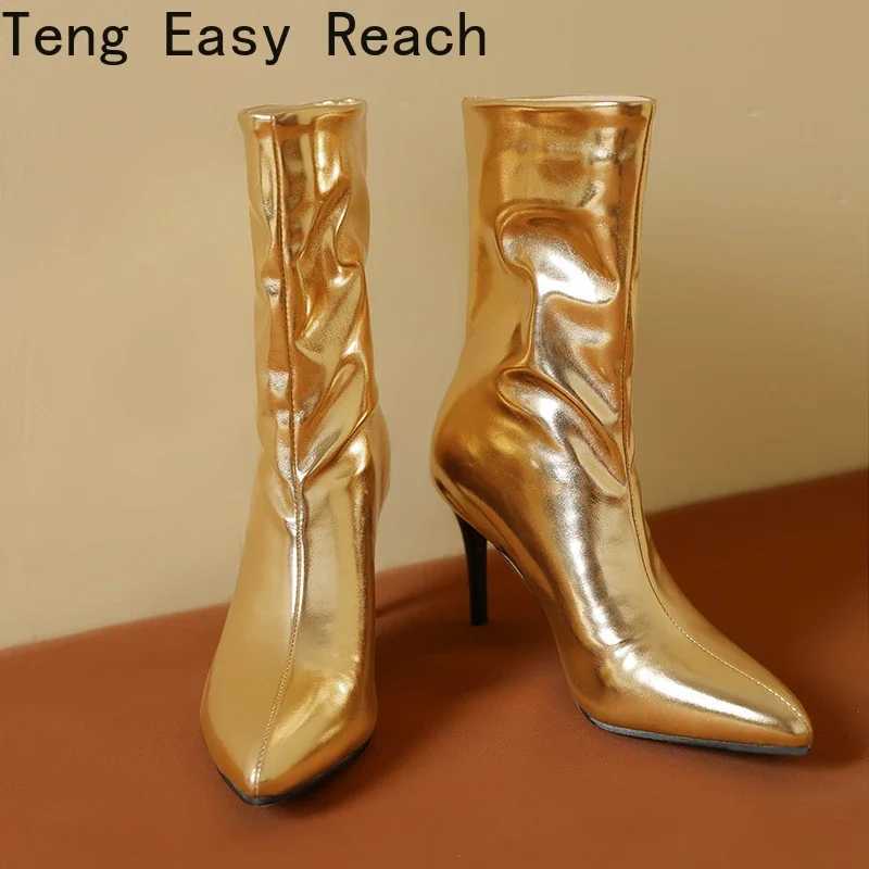2024 FAshion Gold and Sier Womens Ankle Boots Thin High Heel Short Boots Pointed Toe Slip on Autumn Winter Womens Shoes Size 45 CL240906