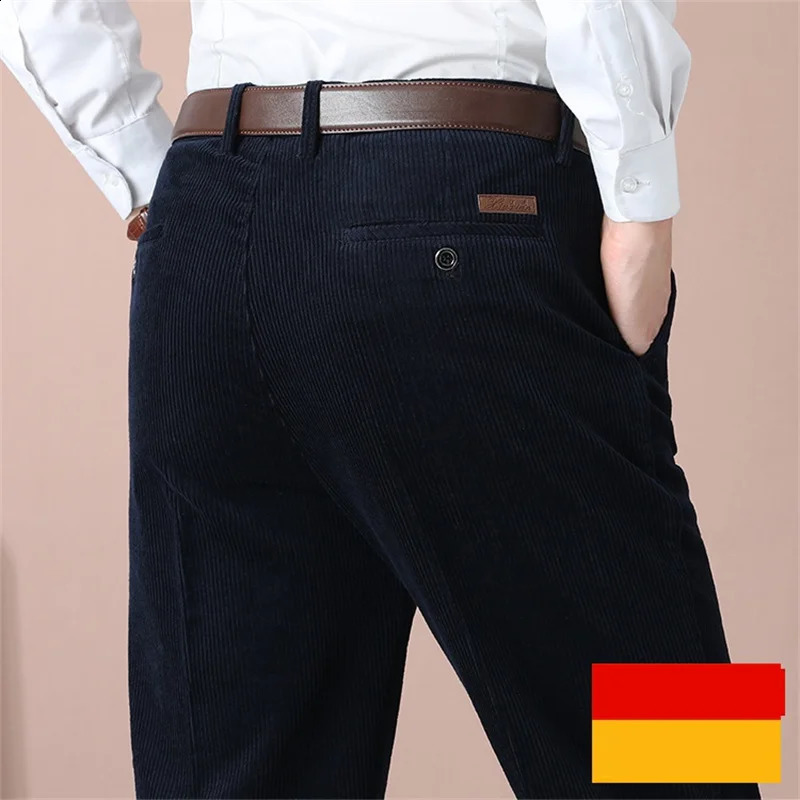 Double pleated Corduroy mens pants autumn thick straight loose khaki black casual 240905