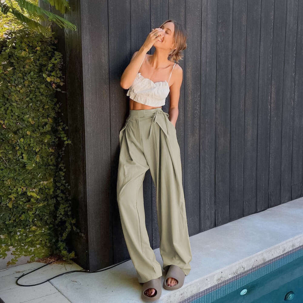 2024 summer new floor length pants, loose straight high waisted casual and fashionable hanging wide leg pants for women