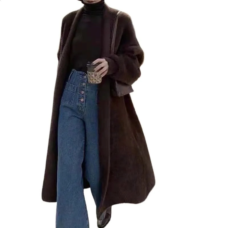 Womens casual knee length faux mink sweater fashionable autumn and winter loose knit cardigan jacket 240905