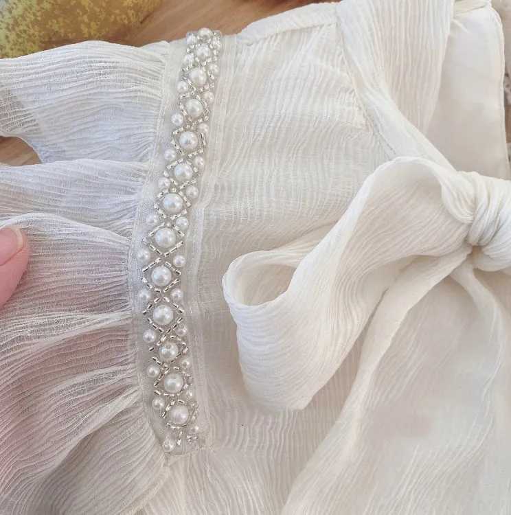 Autumn Girls Shirt Ladies Style Beaded Tie Bow Tops Pressurized Wrinkle Stitching Flared Sleeve Spring Girls Fashion Kids Outfit Y240906