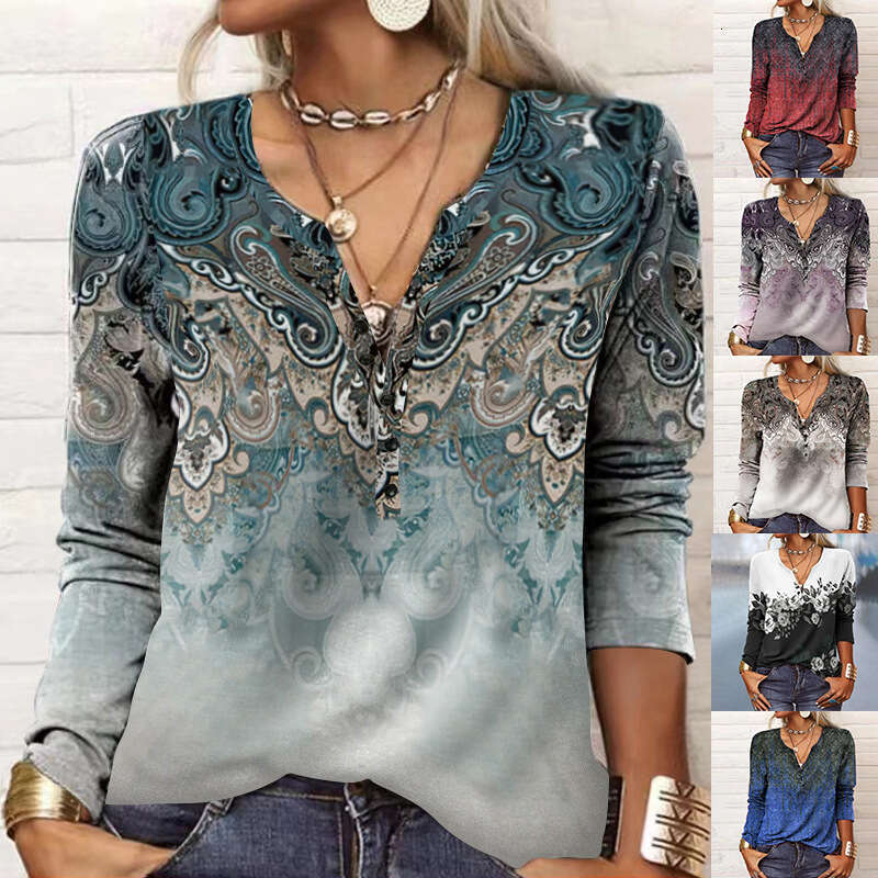 2022 Autumn and Winter New Womens Long Sleeve Printed Ethnic Fashion T-shirt Women