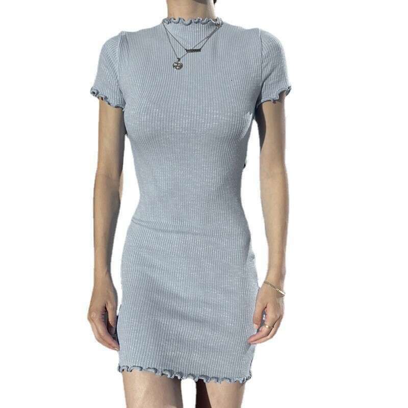 Black fungus edge ribbed sleeved dress, women's temperament, commuting round neck solid color short skirt