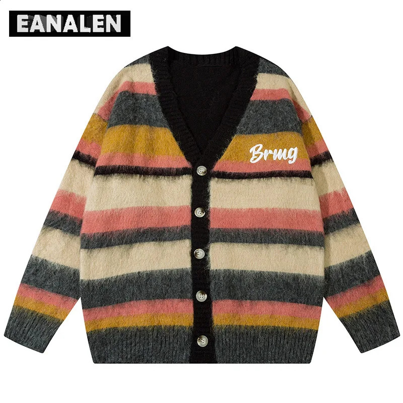 Harajuku Vintage Striped Cardigan Womens Winter Oversized Knitted Button Cardigan Jacket Jumper Casual Grandpa Ugly Sweater men 240906