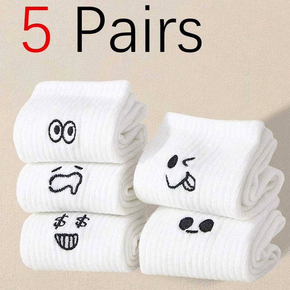 5 pairs of mens white cartoon socks fashionable version expressing socks simple design soft breathable and comfortable casual socks W240905