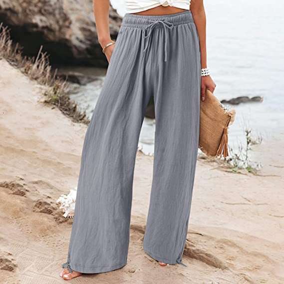 2024 Summer TEMU Women's New Cotton Hemp Wide Leg Drawstring Beach Casual Pants for Women