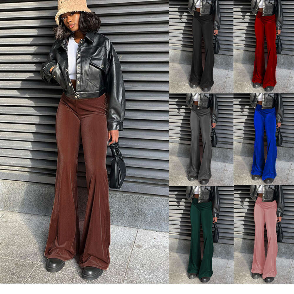 2024 Spring New Solid Color Velvet Elastic High Waist slimming casual micro flared for women's fashion pants