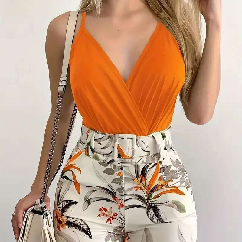 2024 New Women's V-neck Tank Top and Plant Printed Shorts Set with Belt