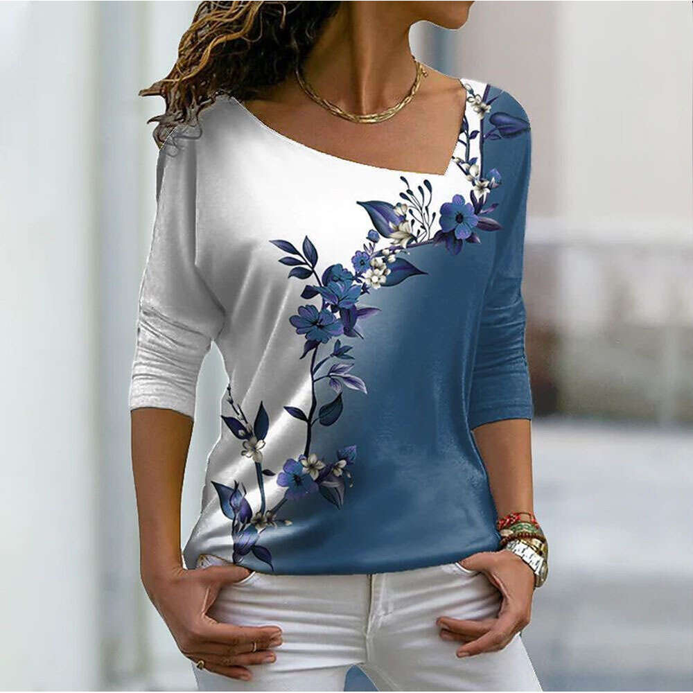 New womens V-neck flower T-shirt spring long sleeved top OZ070 Vogue Female Casual Shirt: Stylish Flowers Adorning a Soft & Flowy Cotton Blend Fabric