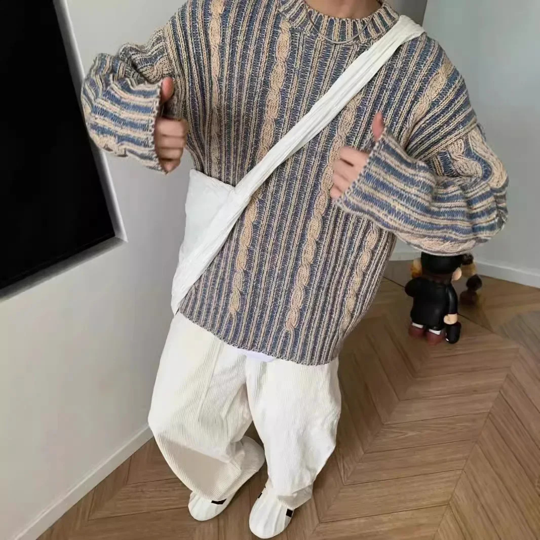 Vintage Striped Color Blocking Sweater For Men Women Autumn Winter High Street Trendy Knitted Top Crew Neck 240906