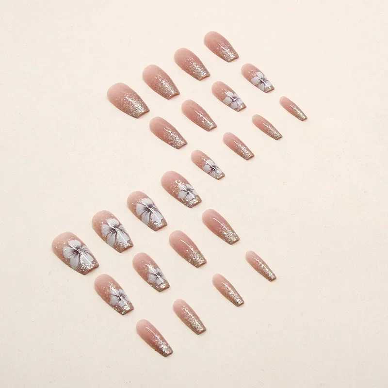 Heallor Vintage Camellia Wearable Pink Pressing Fake Nail Tip with Adhesive Fake Nail Design Butterfly Cute Girl Fake Nail W240905