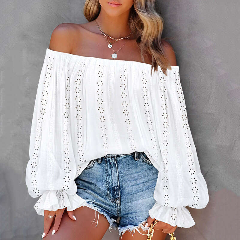 Fashion women's 2024 autumn new style hollowed out one shoulder lantern sleeve top