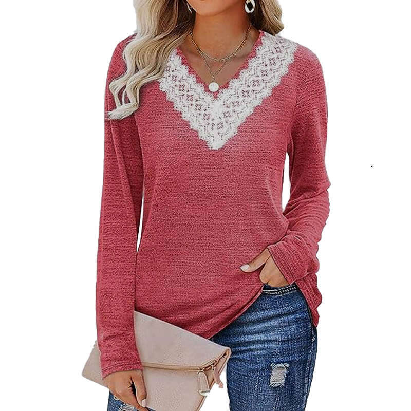 2024 Autumn/Winter New Solid V-Neck Loose Relaxed Long Sleeve T-shirt Top Womens Wear