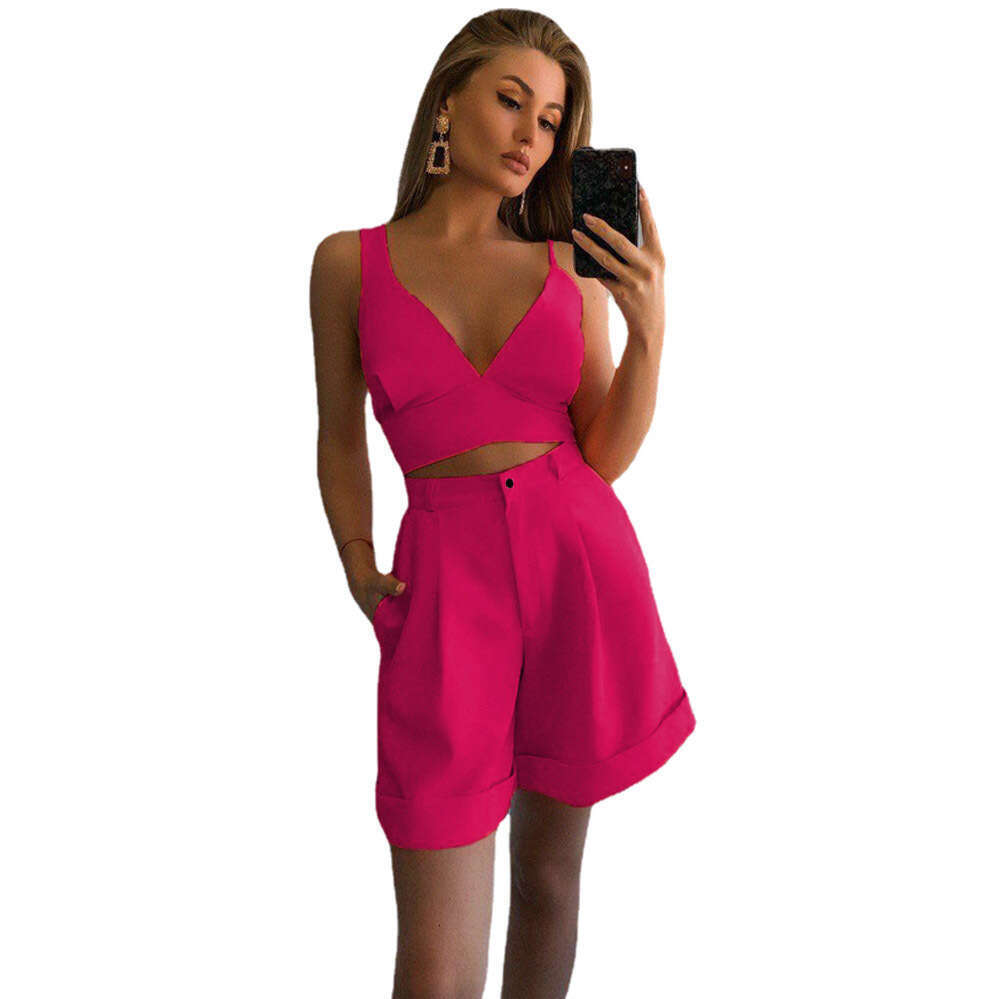 2024 Spring/Summer Women's Solid Two Piece Bra Top High Waist Shorts