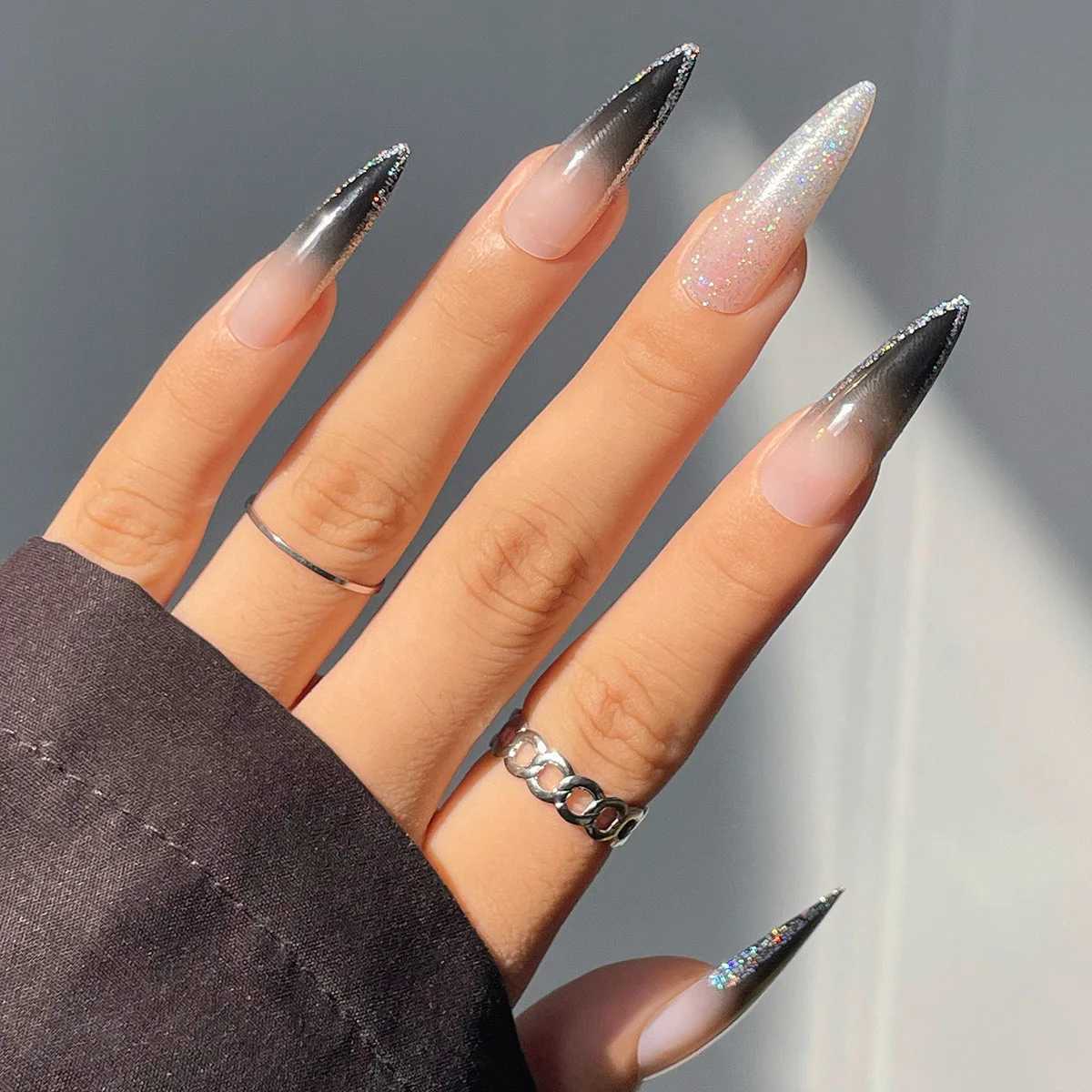 Red and black gradient pressing medium long coffin fake nails with adhesive labels ballet dancer fake nails 24 pieces for women W240905