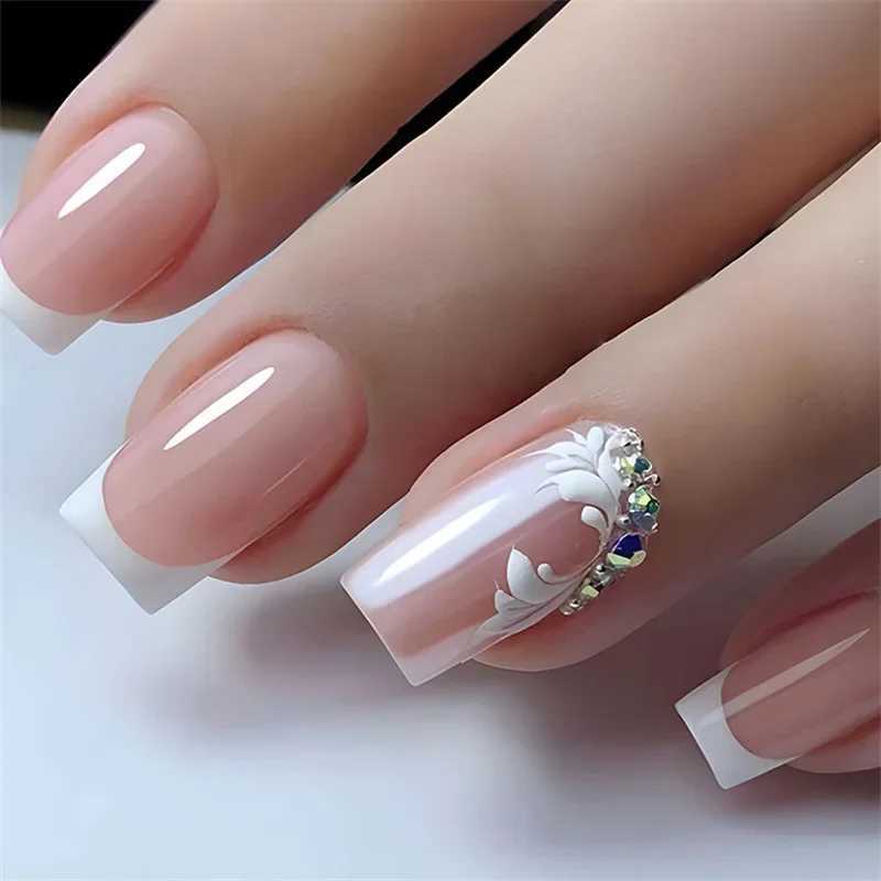 24 pieces of medium to long French fake nails square fake nails with butterfly design wearable decorative nail tips ballet nail press W240905