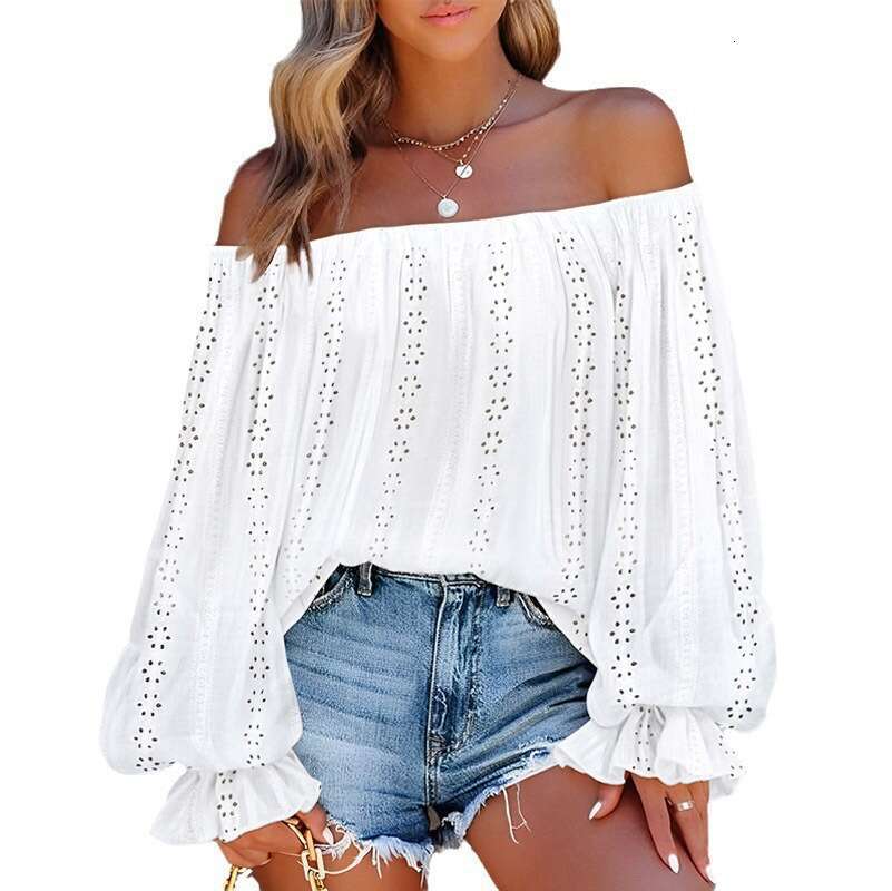 Fashion women's 2024 autumn new style hollowed out one shoulder lantern sleeve top
