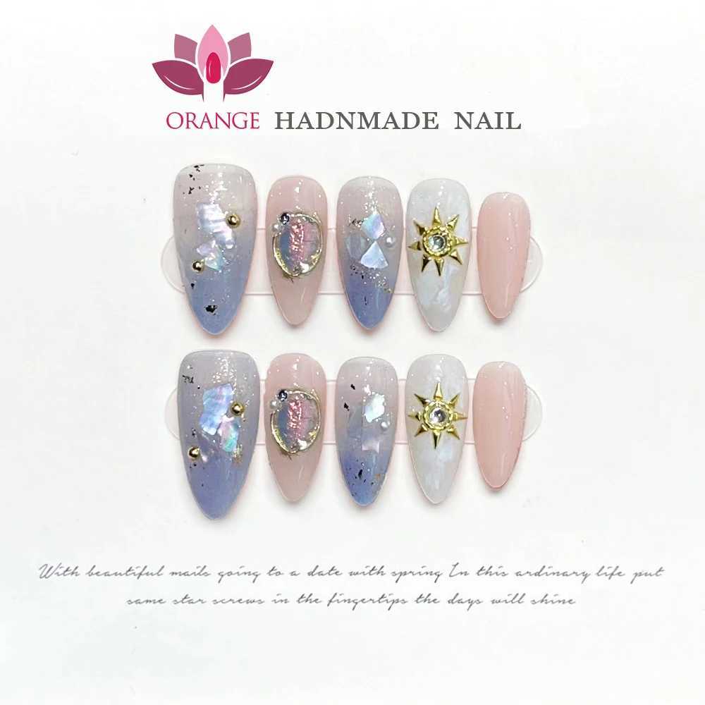 Handmade new imprint blue Baroque high-end temperature reusable fake nails artificial ergonomics wearable orange nail shop W240905