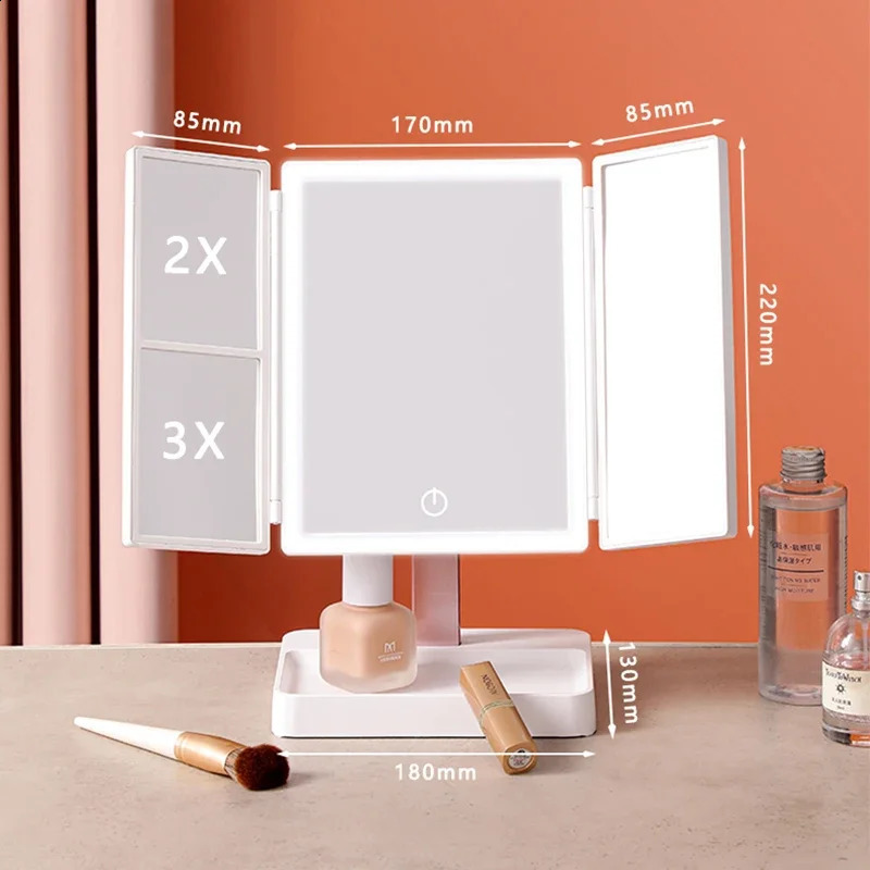 72 LED Light Vanity Mirror 1/2/3X Magnifying Cosmetic 3 Folding Makeup Mirrors 270 Rotation Stepless Dimmer Beauty Table Mirrors 240905