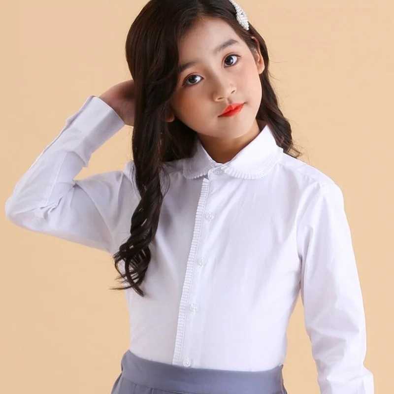 Spring Autumn Baby Toddler Teenage Girls White Blouse Long Sleeve School Uniform Girl Cotton Shirt Kids Tops 6 8 10 12 14 Years Y240906