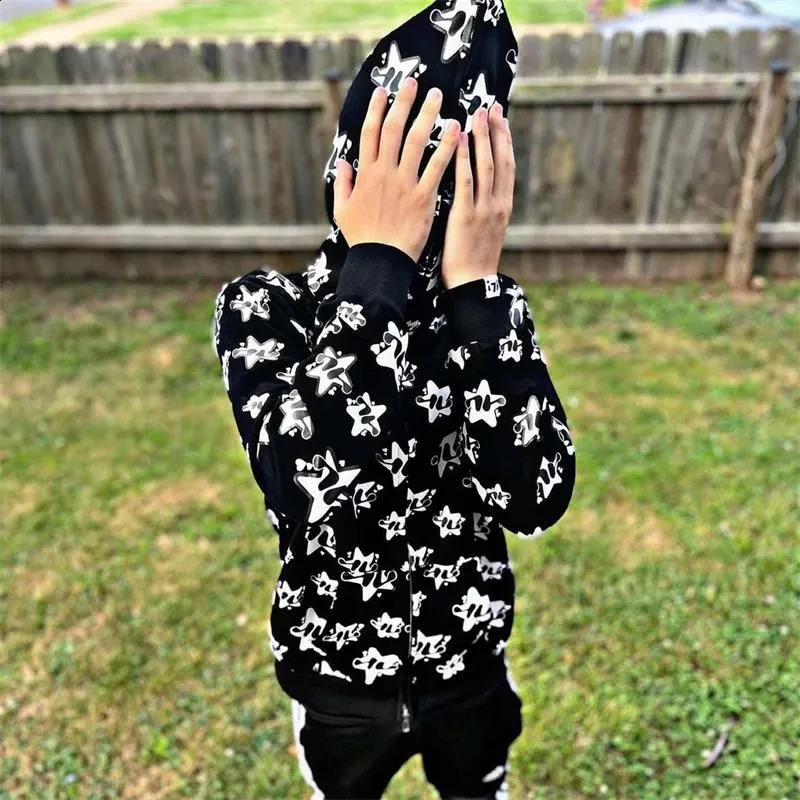 Zipper Hoodie Star Printed Gothic Punk Sweater Mens Hoodie Sports Coat Zipper Gothic Long Sleeve Super Dalian Hoodie Y2K 240905