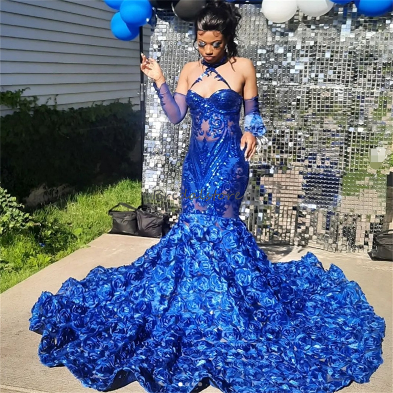 Shine Royal Blue Prom Dresses 2025 Halter Sequin Trumpet Mermaid Evening Gowns For Black Women 3D Florals Birthday Party Dress Robe De Soiree elegante