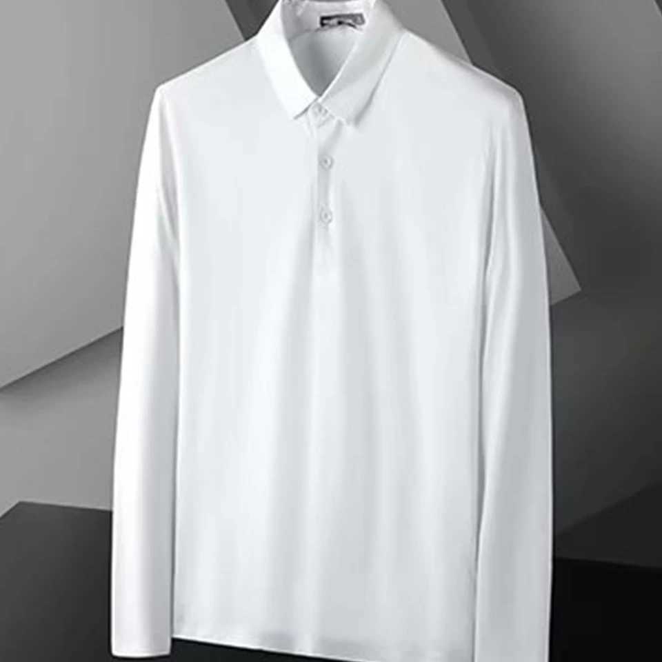 Fashion Autumn Spring Mens Long Sleeve Polo-Collar Cotton Solid Black White Business T-shirt Youth T Shirts Tees TopXJ240906