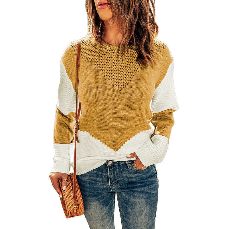 Knitted top women's autumn and winter clothing new round neck contrasting base pullover sweater