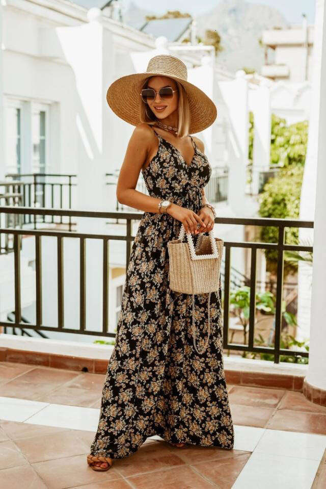 2023 Spring/Summer New V-neck Sleeveless Suspended Strap Printed Bohemian Long Dress