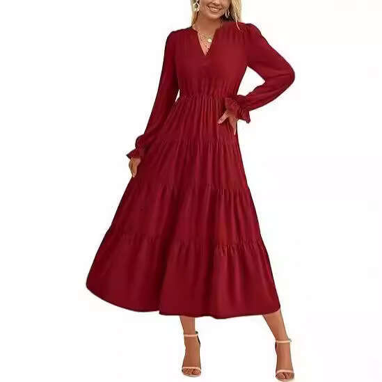 2024 autumn dress long sleeved V-neck layered ruffle hem flowing A-line cocktail party