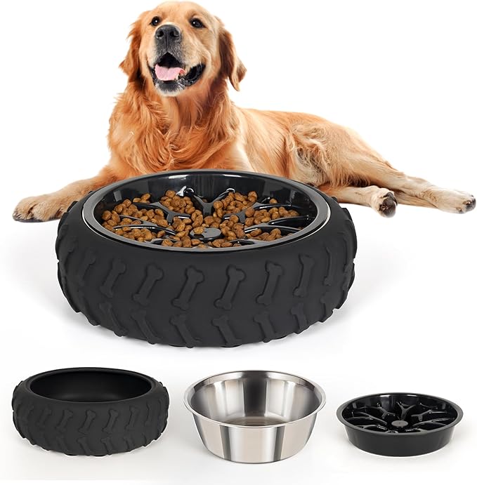 3 in 1 Stainless Steel Dog Bowls for Small, Medium & Large Sized Dogs, Slow Feeder Dog Bowl with Non-Slip Metal Suction Cups for Food and Water (Black