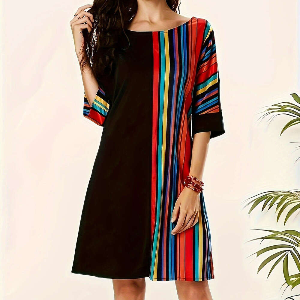 New Rainbow A-line Loose Dress for Spring and Summer 2024 Women's Wear, Half Sleeve